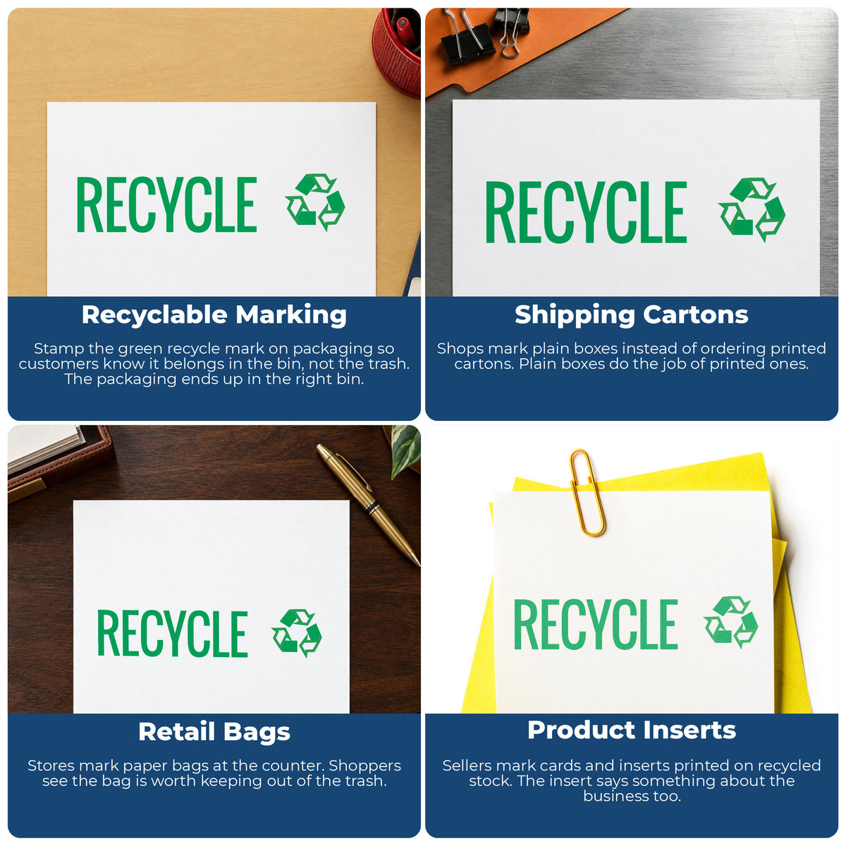 "Recycle" imprint applied to paperwork, rectangle impression at 1/2 x 1-5/8 in