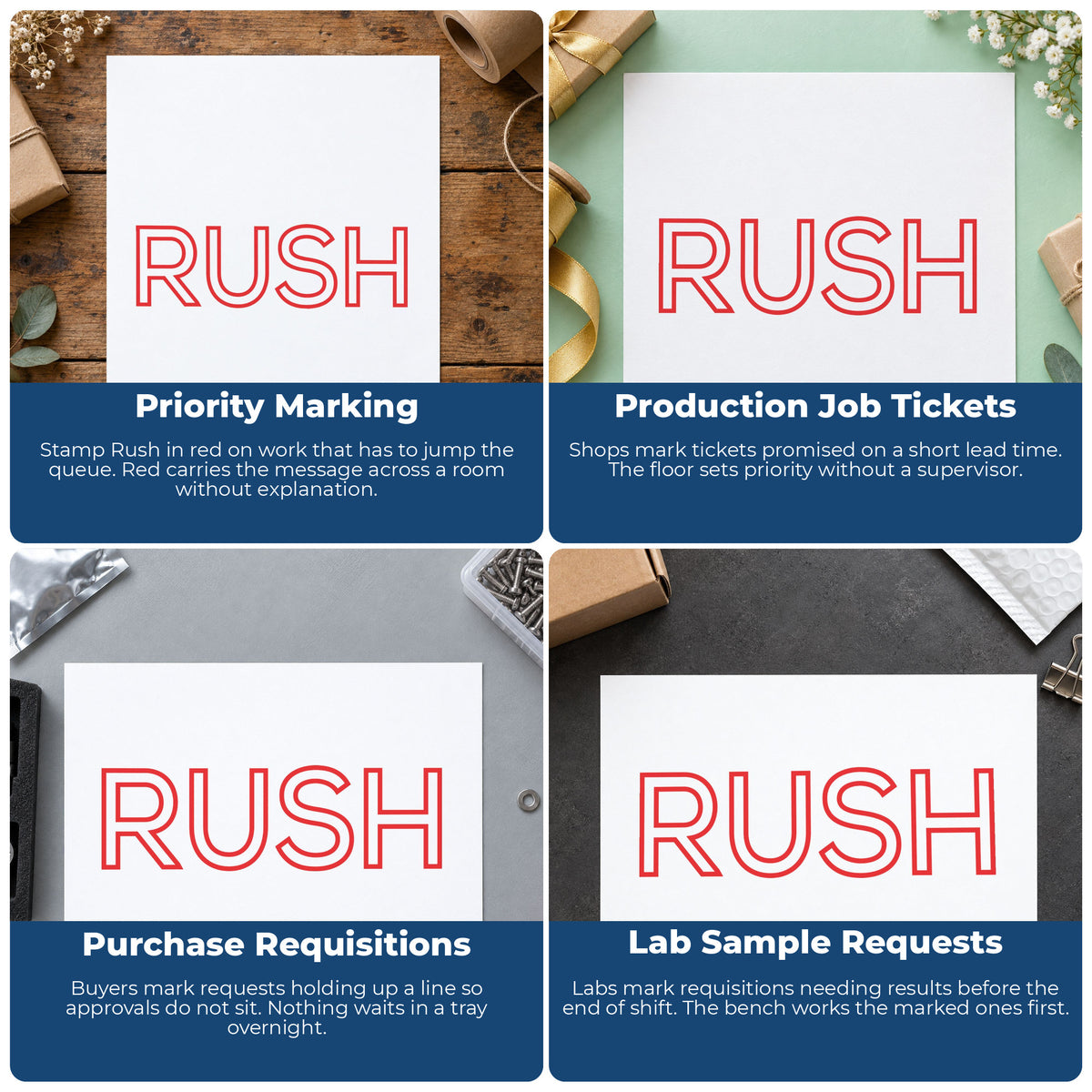 "Rush" imprint applied to paperwork, rectangle impression at Approximately 1/2 in tall x 1-5/8 in wide