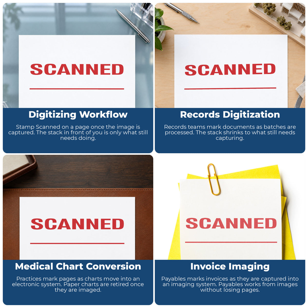 "Scanned" imprint applied to paperwork, rectangle impression at Approximately 1/2 in tall x 1-5/8 in wide