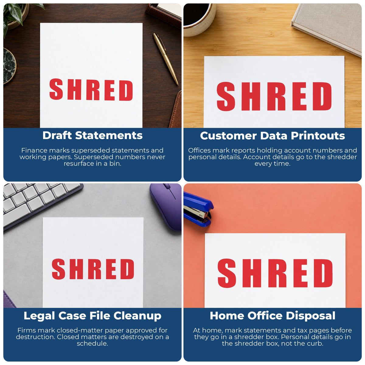 "Shred" pre-inked stamp alongside the mark it leaves on a page