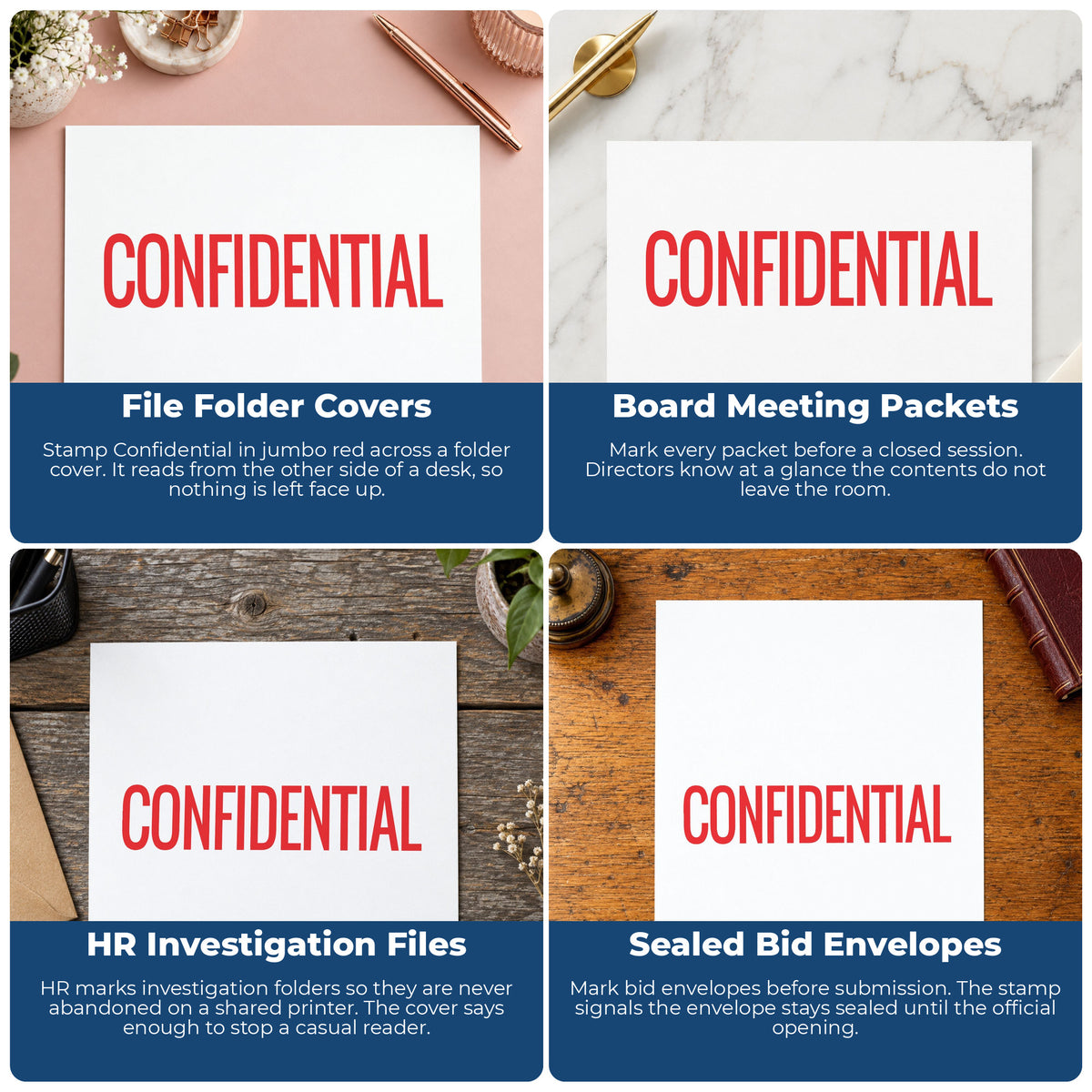 "Confidential" imprint applied to paperwork, rectangle impression at Approximately 7/8 in tall x 2-3/4 in wide