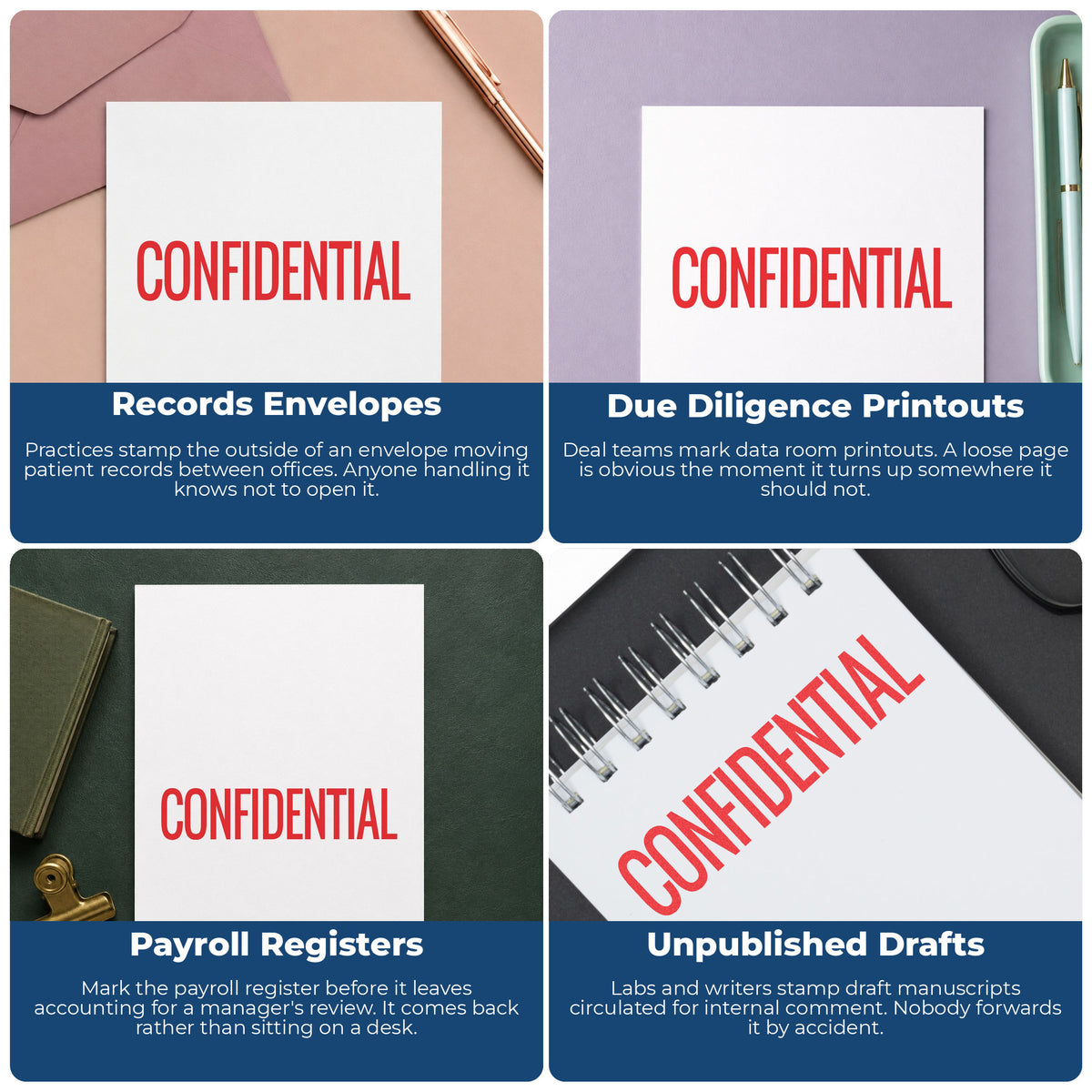 "Confidential" pre-inked stamp alongside the mark it leaves on a page