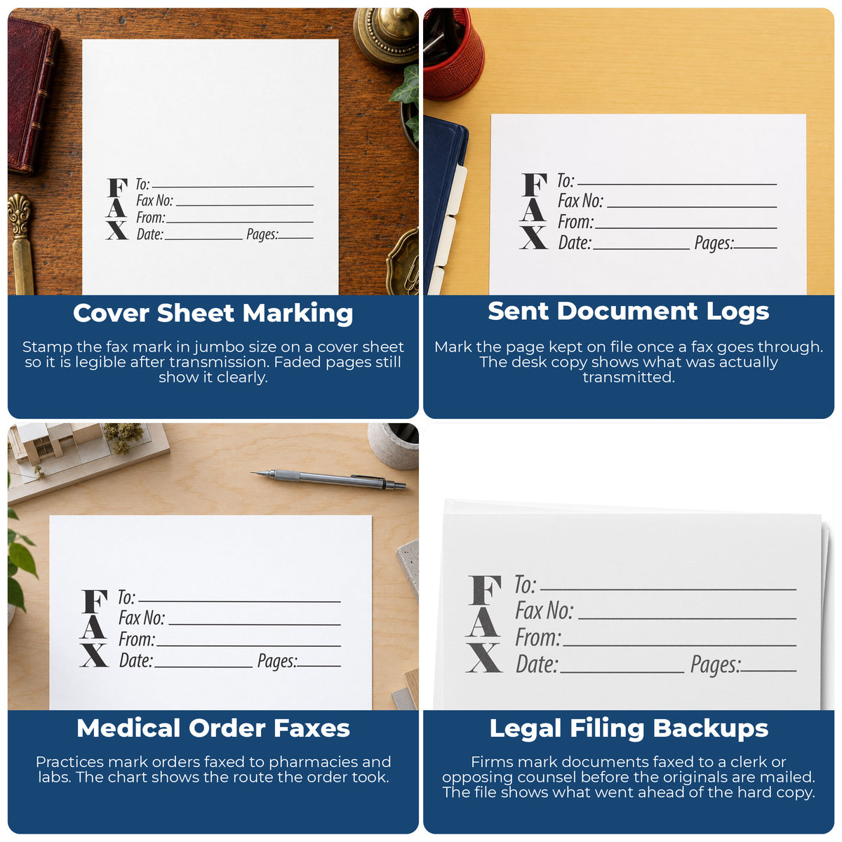 "Fax stamp" imprint applied to paperwork, rectangle impression at 7/8 x 2-3/4 in