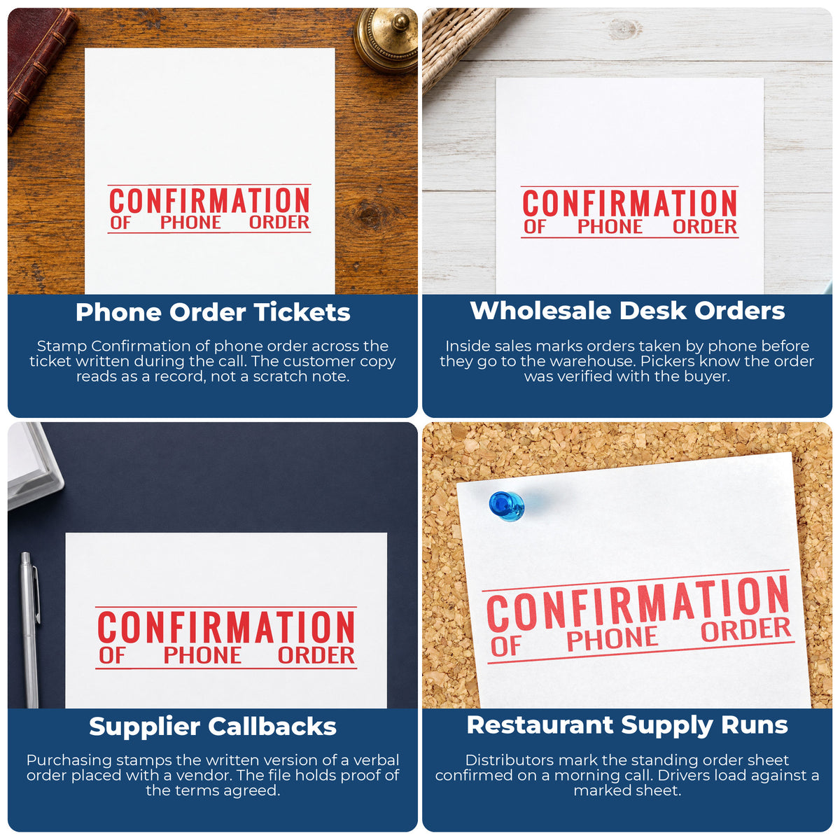 "Confirmation of phone order" imprint applied to paperwork, rectangle impression at Approximately 7/8 in tall x 2-3/4 in wide