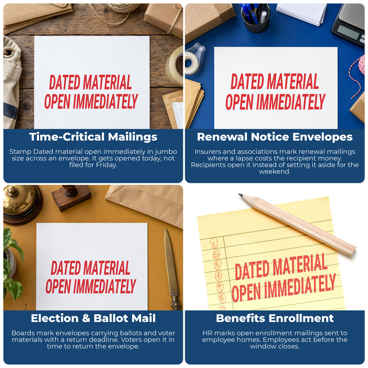 "Dated material open immediately" imprint applied to paperwork, rectangle impression at 7/8 x 2-3/4 in