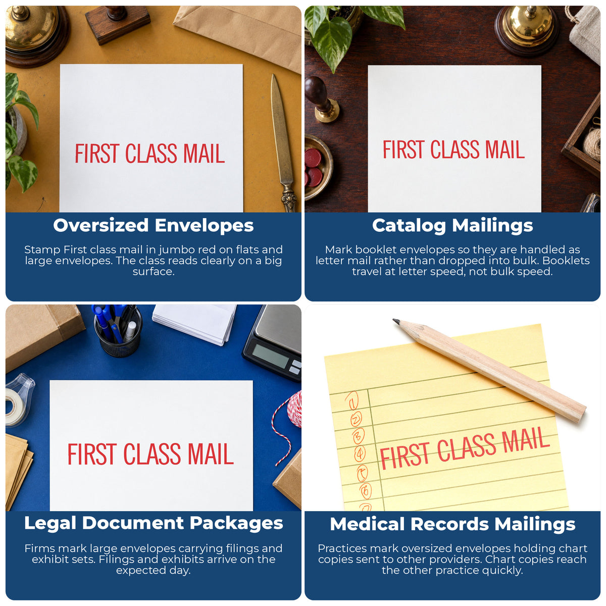 "First class mail" imprint applied to paperwork, rectangle impression at Approximately 7/8 in tall x 2-3/4 in wide