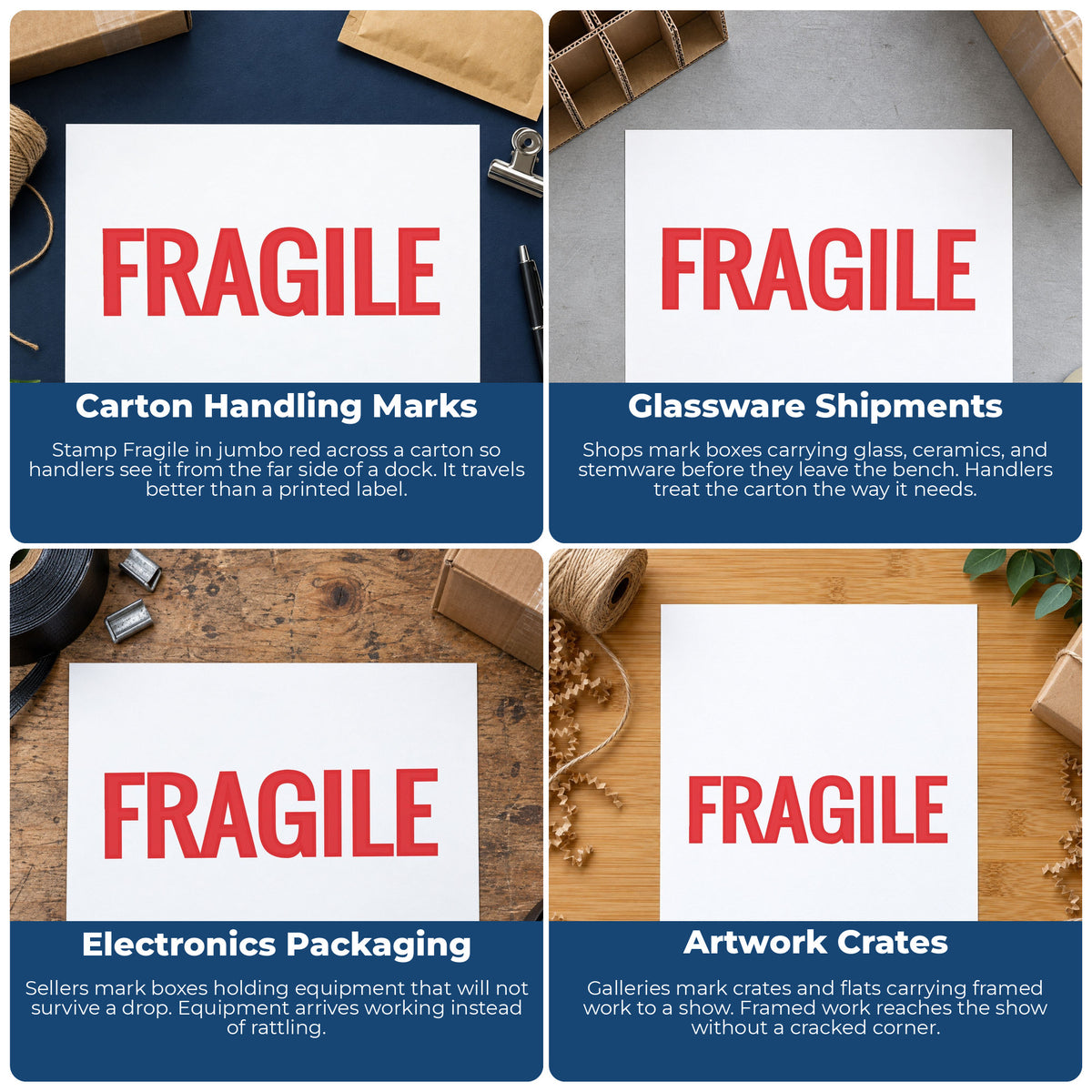 "Fragile" imprint applied to paperwork, rectangle impression at 7/8 x 2-3/4 in