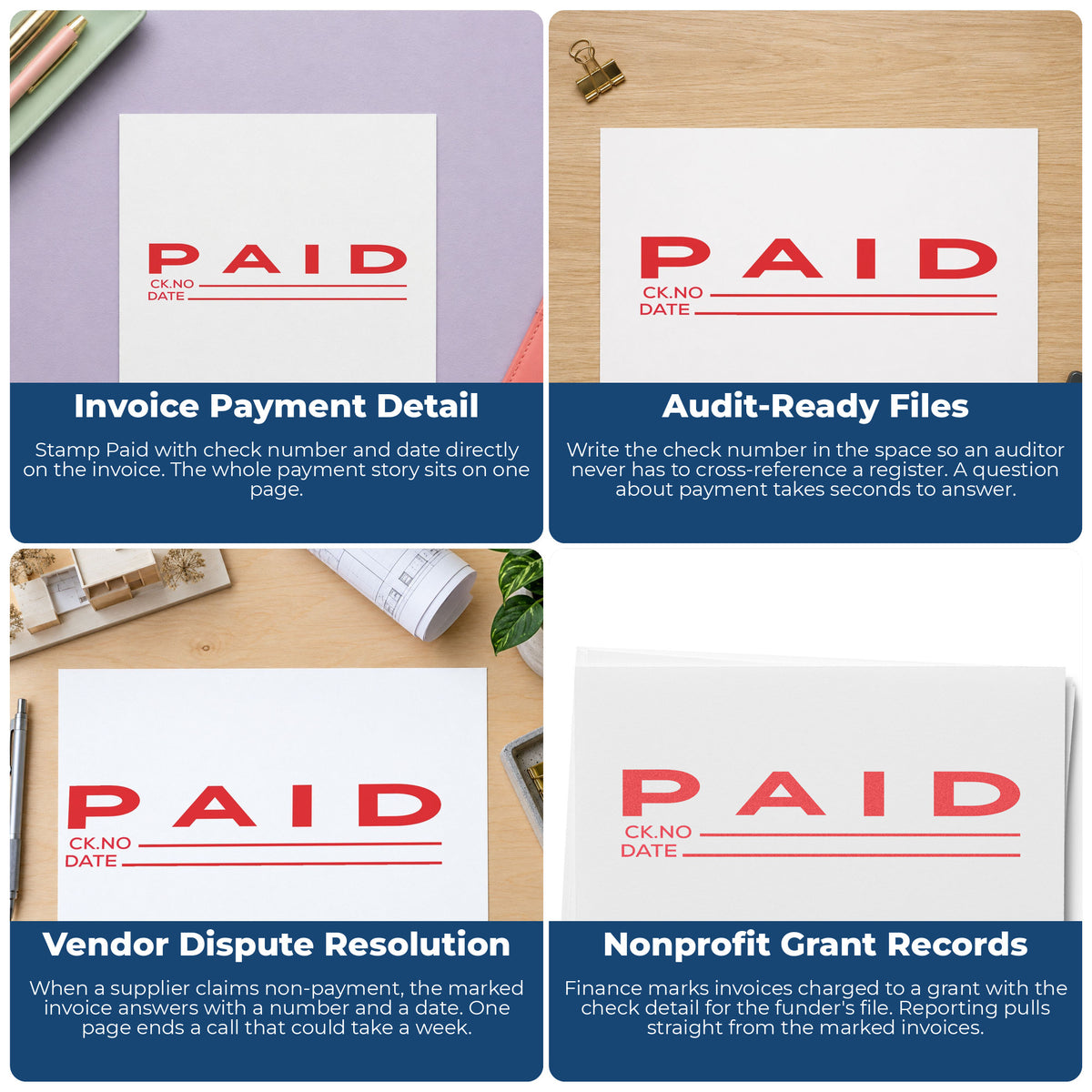 "Paid CK No.-Date" imprint applied to paperwork, rectangle impression at Approximately 7/8 in tall x 2-3/4 in wide