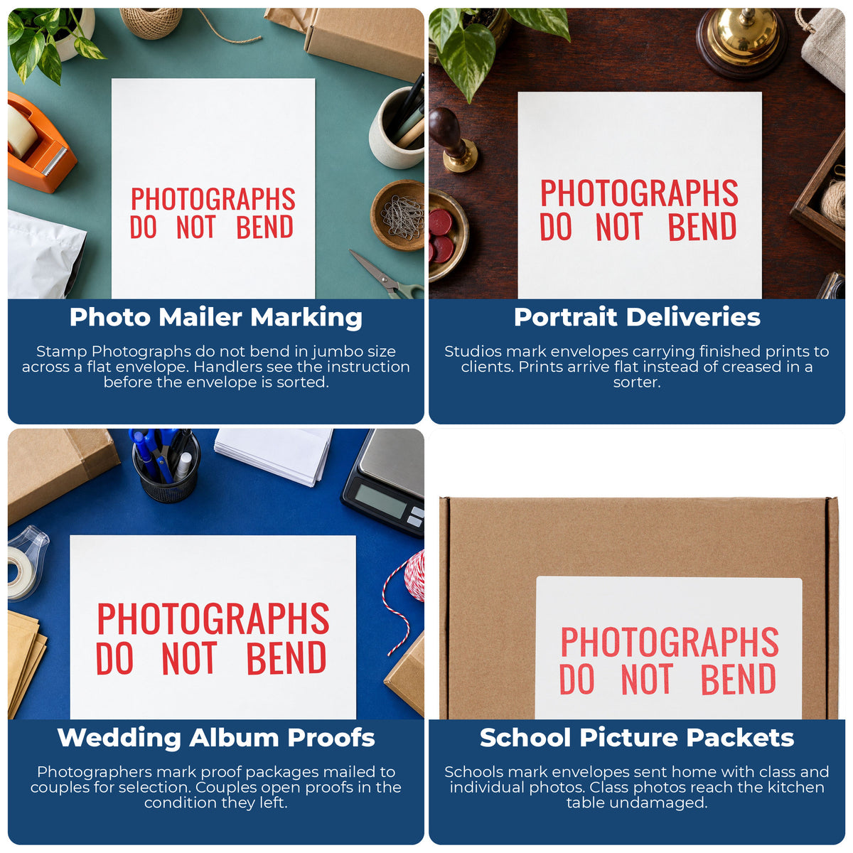 "Photographs do not bend" imprint applied to paperwork, rectangle impression at 7/8 x 2-3/4 in