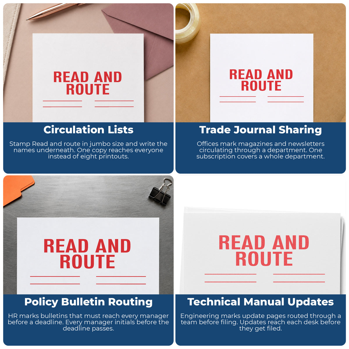 "Read and route" imprint applied to paperwork, rectangle impression at 7/8 x 2-3/4 in
