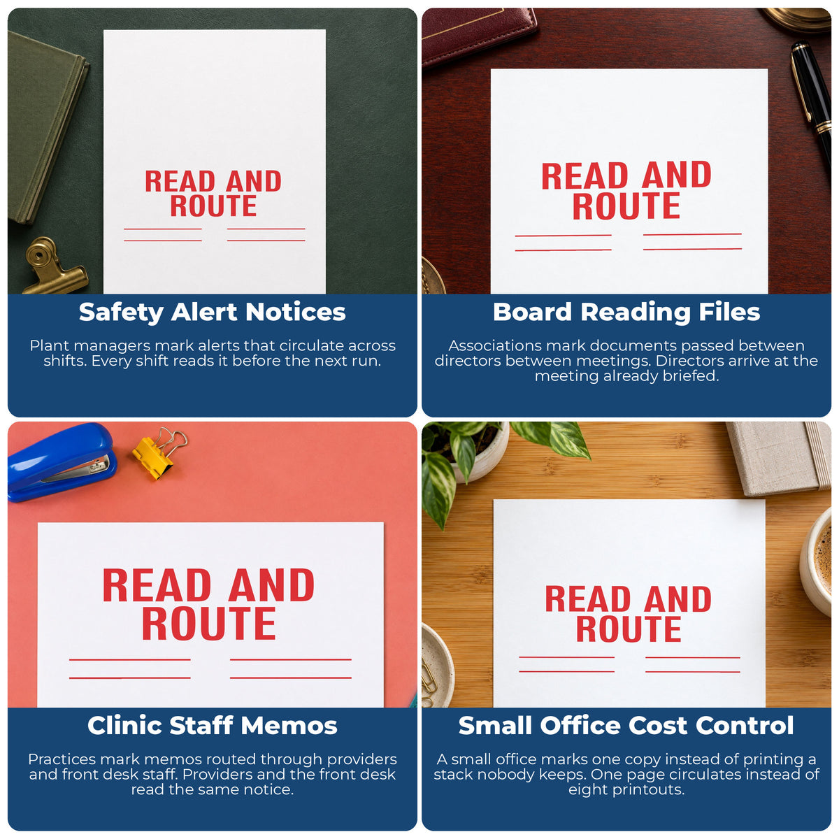"Read and route" pre-inked stamp alongside the mark it leaves on a page