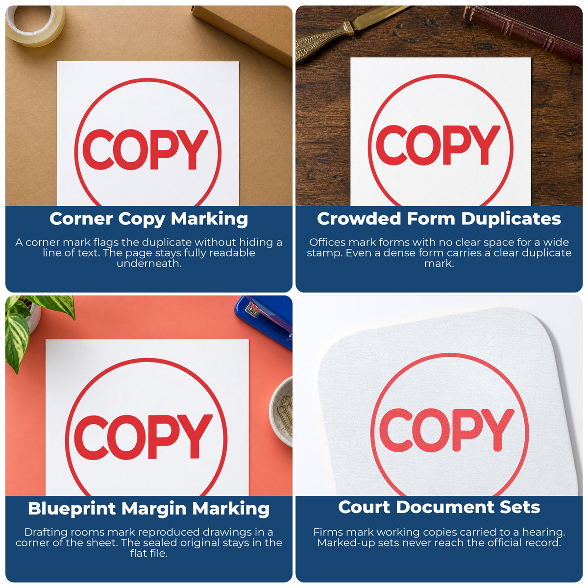 "Copy" imprint applied to paperwork, round impression at Approximately 5/8 in diameter