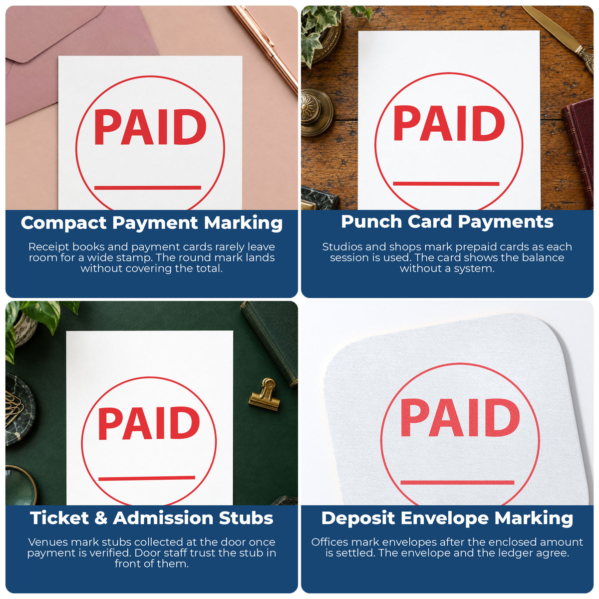 "Paid" imprint applied to paperwork, round impression at Approximately 5/8 in diameter