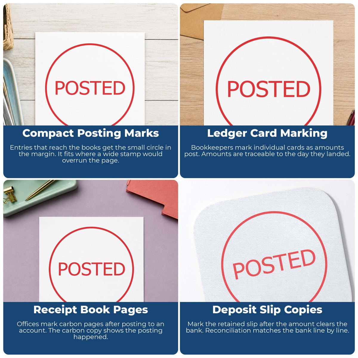 "Posted" imprint applied to paperwork, round impression at Approximately 5/8 in diameter