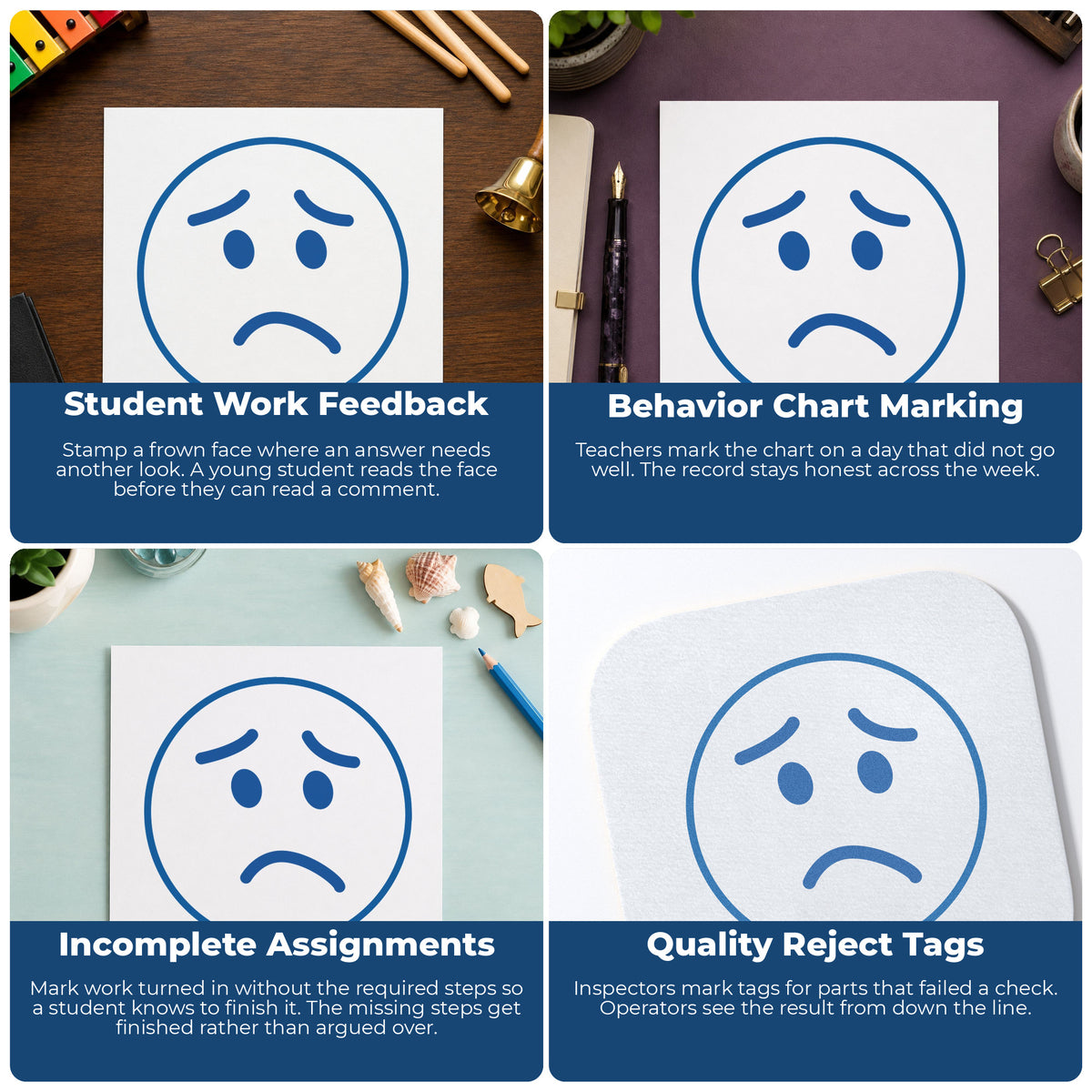 "Frown face" imprint applied to paperwork, round impression at 5/8 in diameter