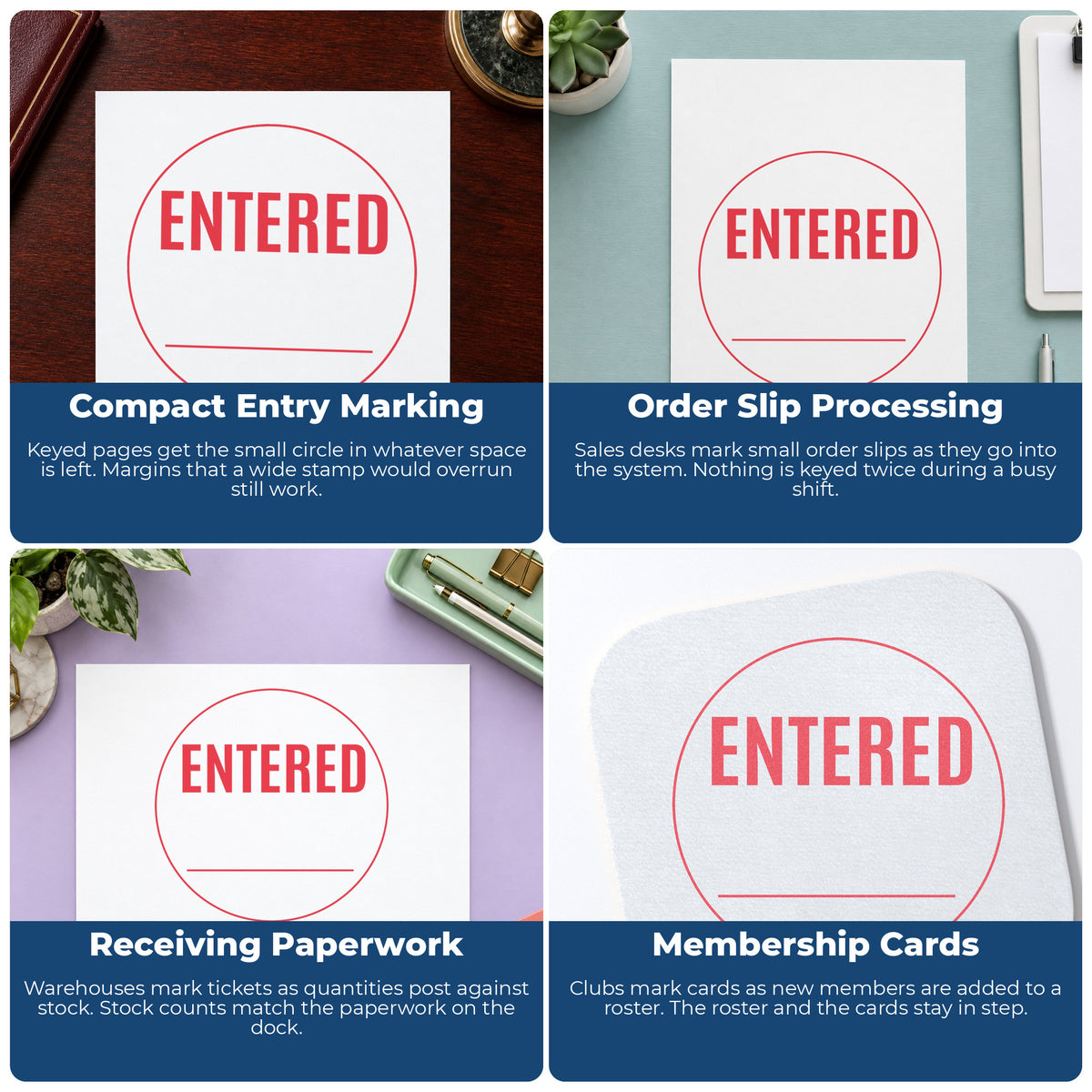 "Entered" imprint applied to paperwork, round impression at Approximately 5/8 in diameter
