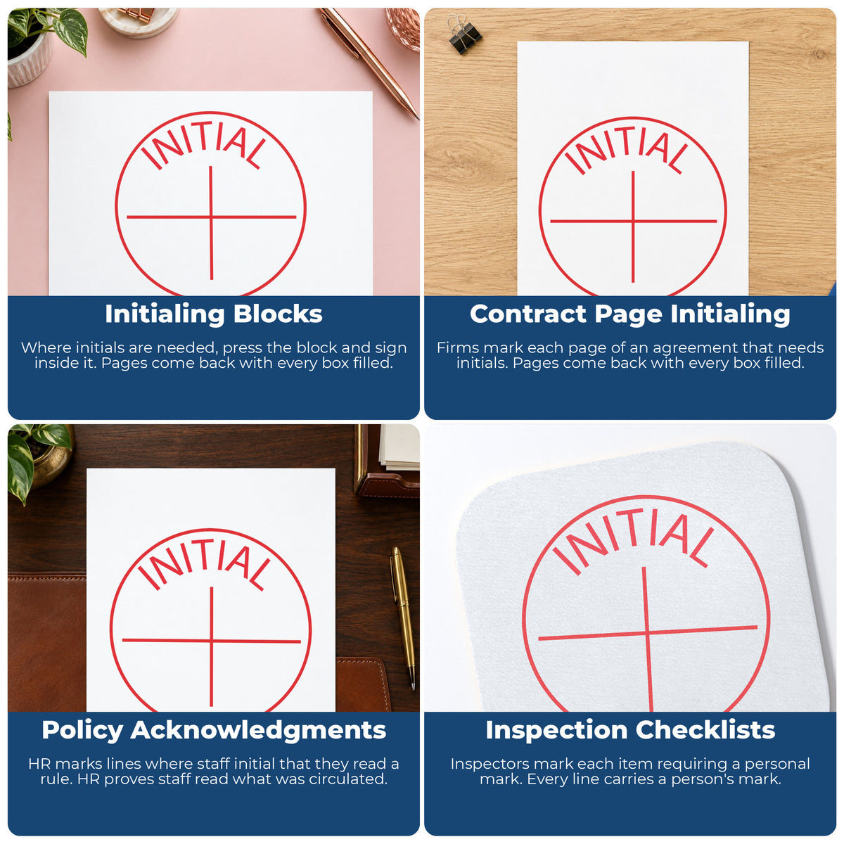 "Initial" imprint applied to paperwork, round impression at 5/8 in diameter
