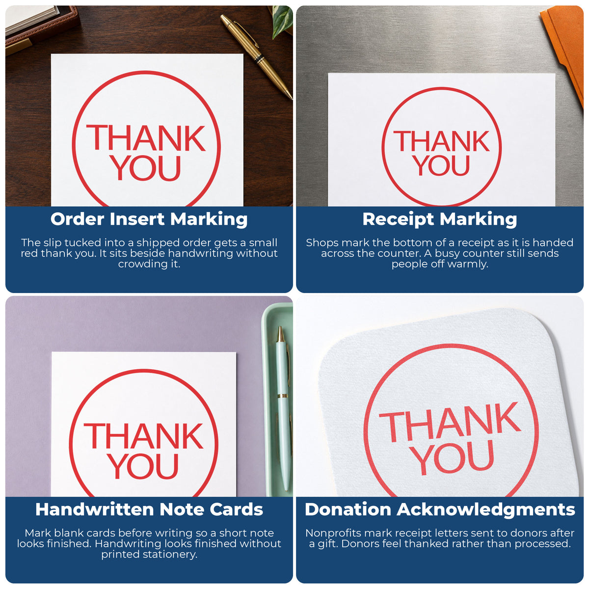 "Thank you" imprint applied to paperwork, round impression at Approximately 5/8 in diameter