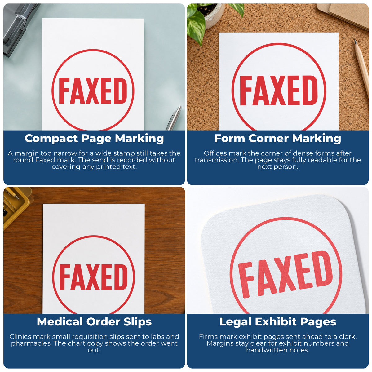 "Faxed" imprint applied to paperwork, round impression at Approximately 5/8 in diameter