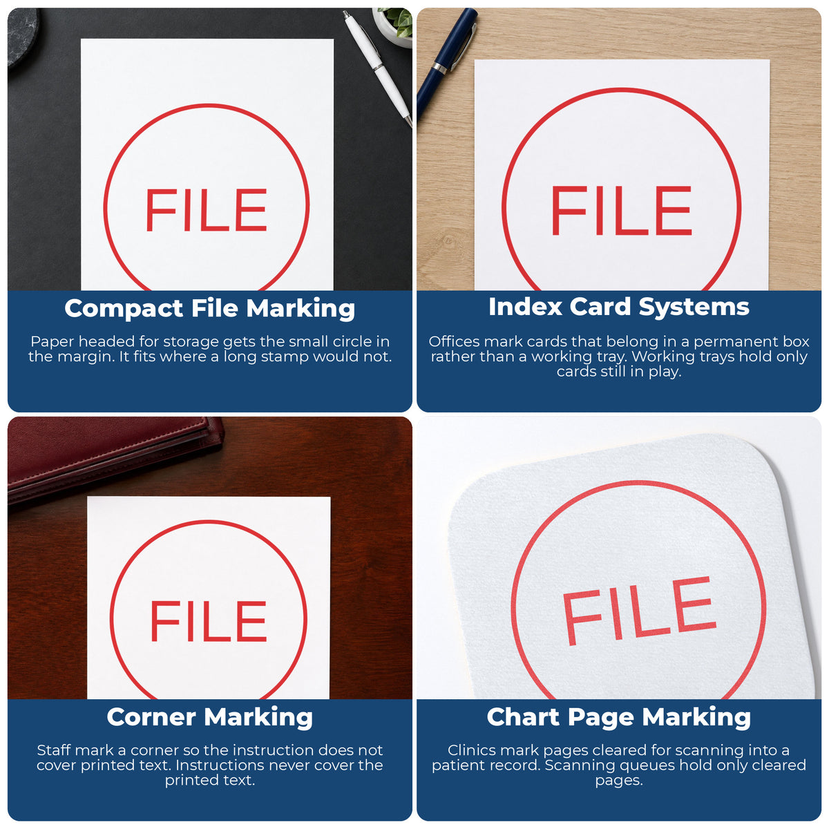 "File" imprint applied to paperwork, round impression at 5/8 in diameter