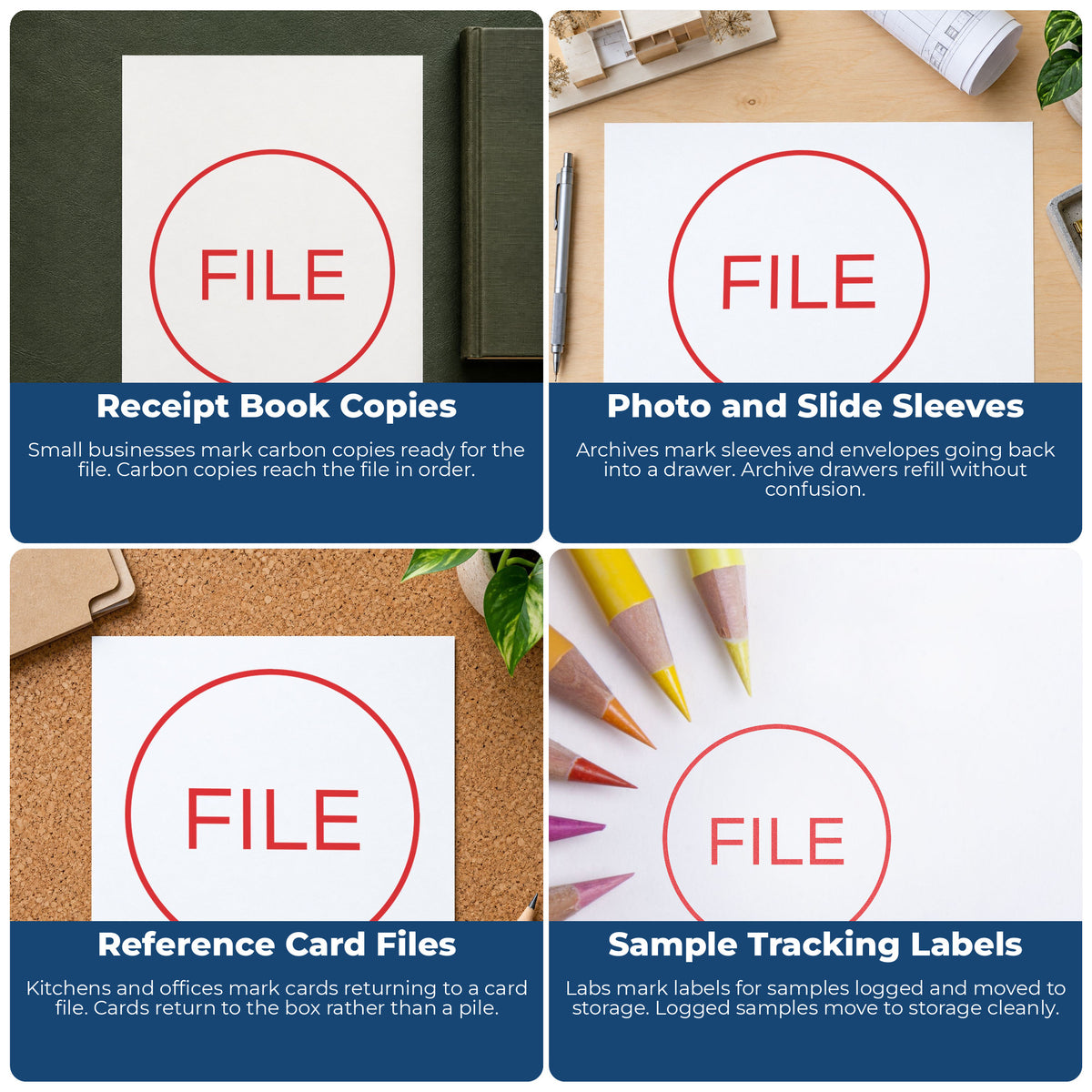 "File" pre-inked stamp alongside the mark it leaves on a page
