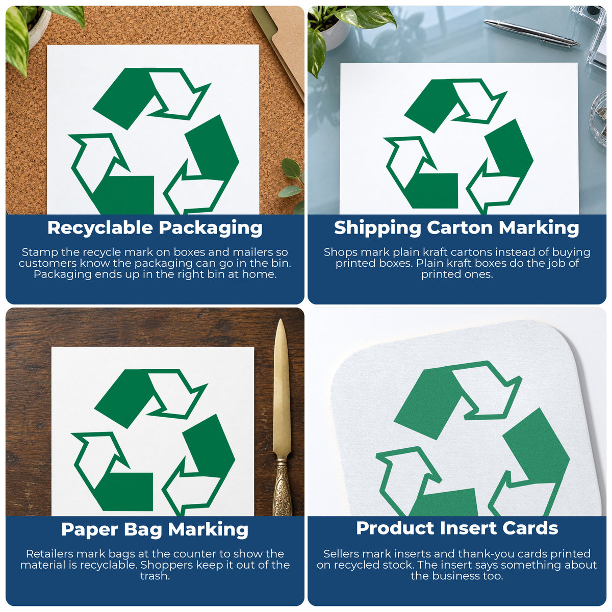 "Recycle logo" imprint applied to paperwork, round impression at Approximately 5/8 in diameter
