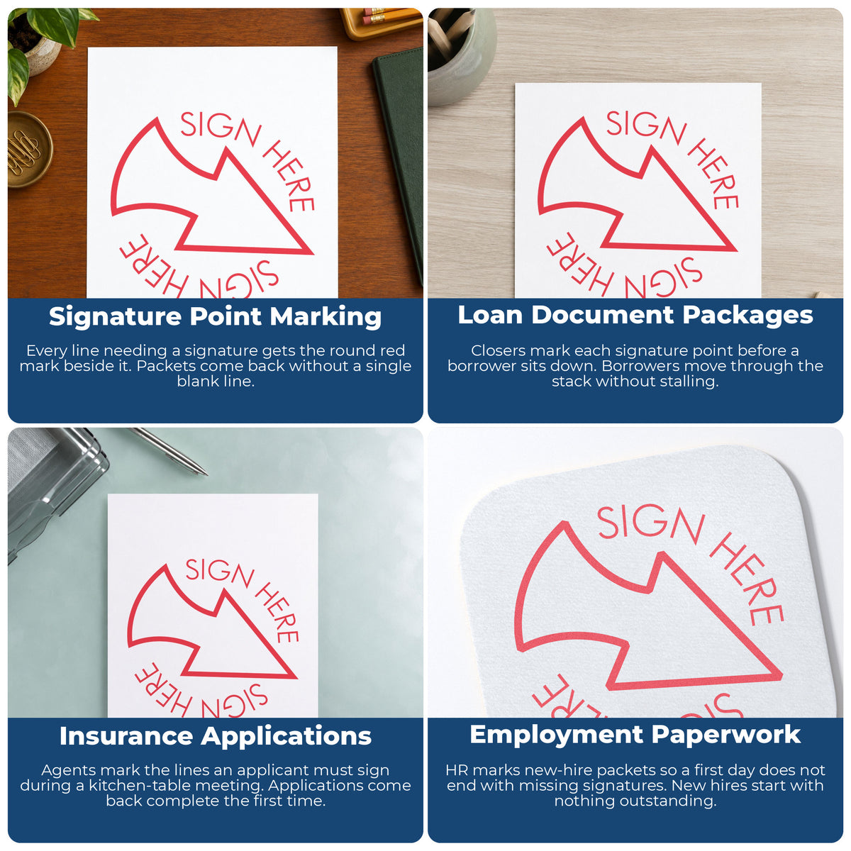 "Sign here" imprint applied to paperwork, round impression at 5/8 in diameter