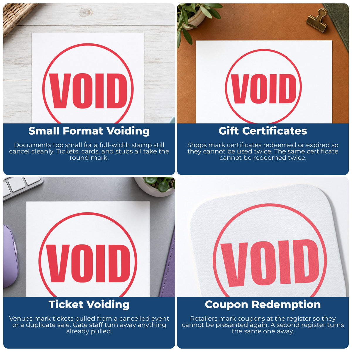 "Void" imprint applied to paperwork, round impression at 5/8 inch diameter
