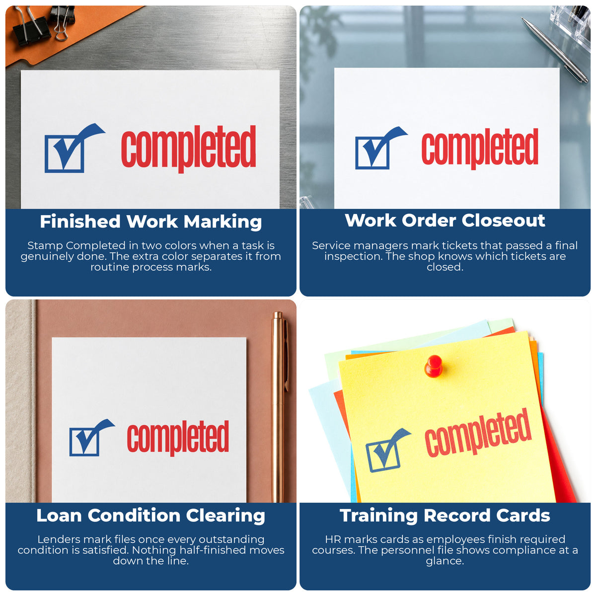 "Completed" imprint applied to paperwork, rectangle impression at Approximately 1/2 in tall x 1-5/8 in wide