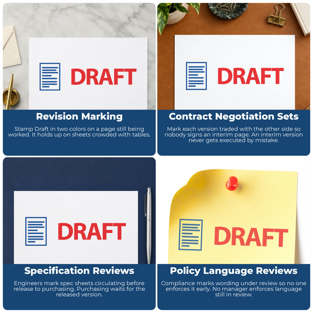 "Draft" imprint applied to paperwork, rectangle impression at 1/2 x 1-5/8 in