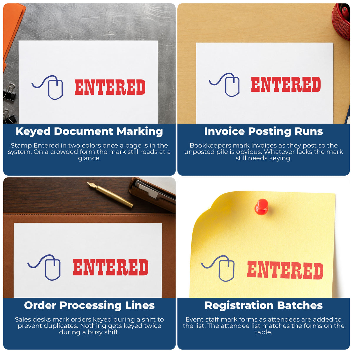 "Entered" imprint applied to paperwork, rectangle impression at 1/2 x 1-5/8 in