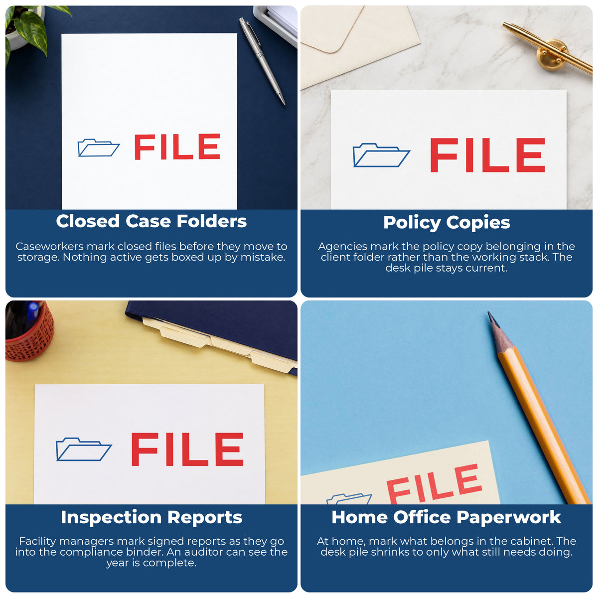 "File" pre-inked stamp alongside the mark it leaves on a page