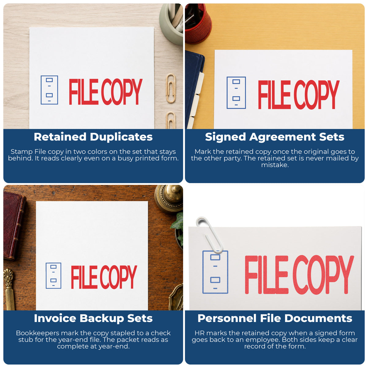 "File copy" imprint applied to paperwork, rectangle impression at Approximately 1/2 in tall x 1-5/8 in wide