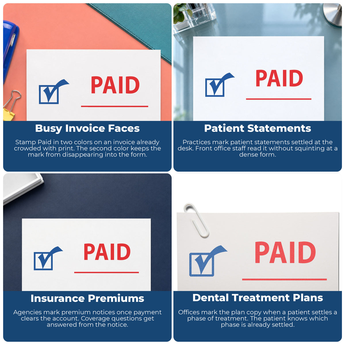 "Paid" imprint applied to paperwork, rectangle impression at 1/2 x 1-5/8 in