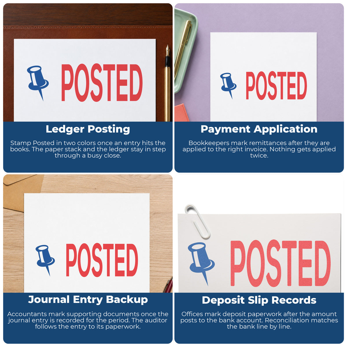 "Posted" imprint applied to paperwork, rectangle impression at 1/2 x 1-5/8 in