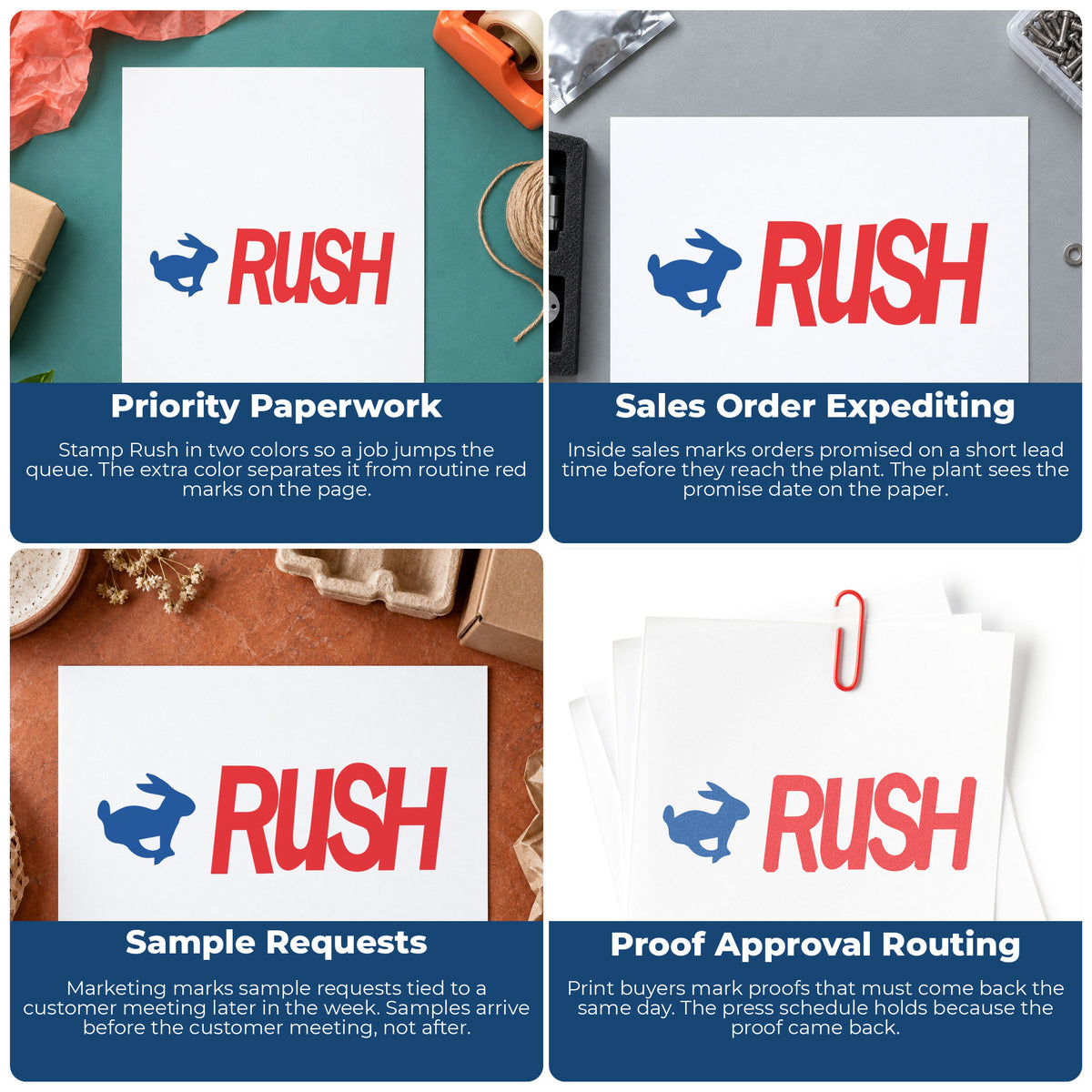 "Rush" imprint applied to paperwork, rectangle impression at Approximately 1/2 in tall x 1-5/8 in wide