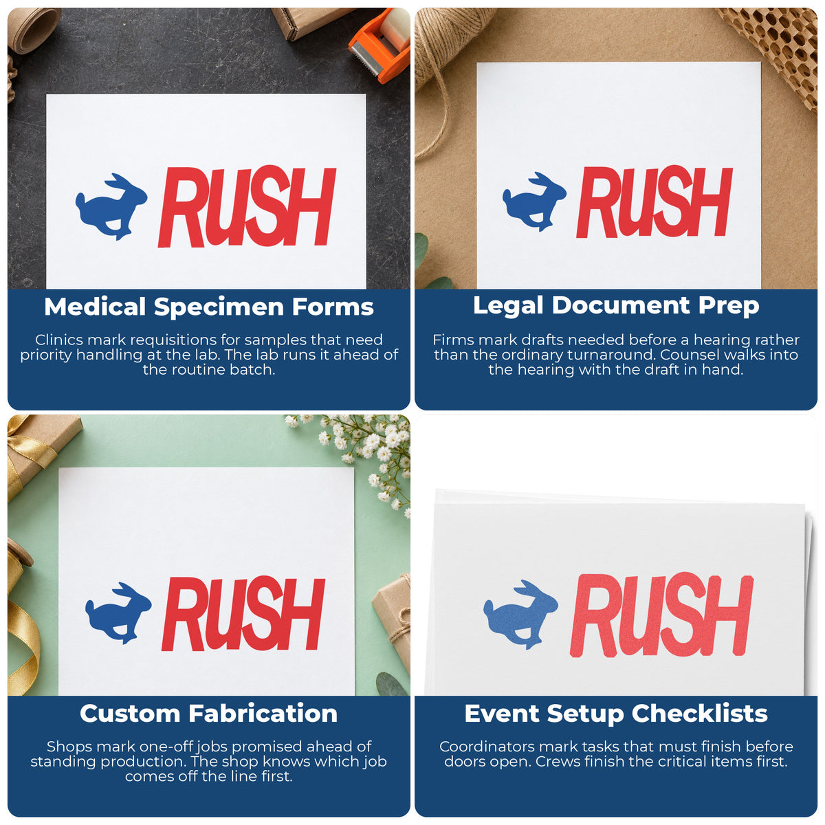 "Rush" pre-inked stamp alongside the mark it leaves on a page
