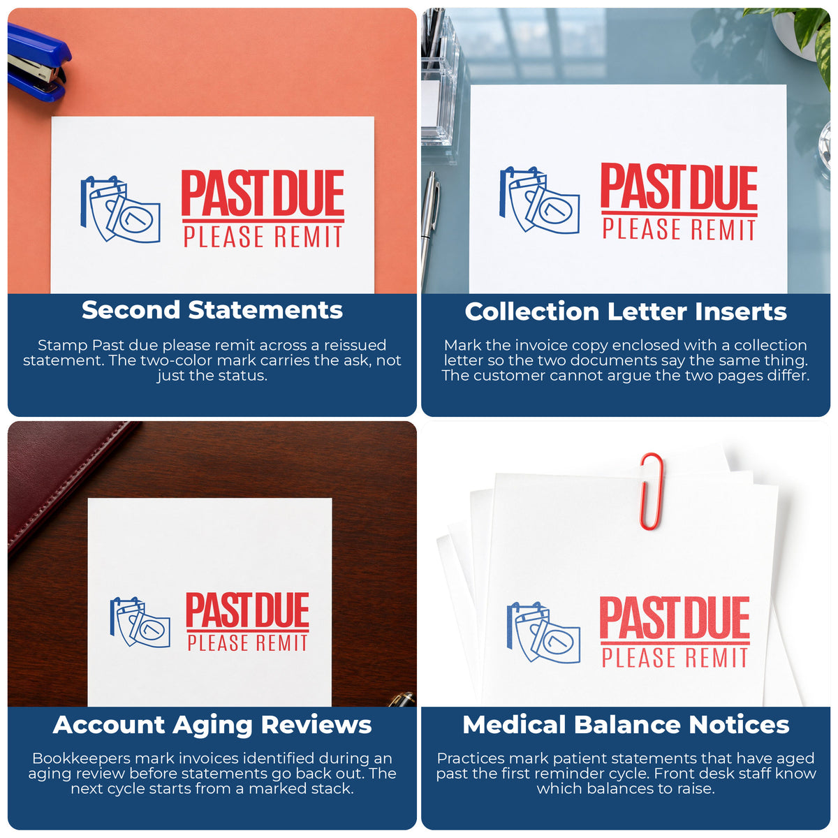 "Past due please remit" imprint applied to paperwork, rectangle impression at 1/2 x 1-5/8 in