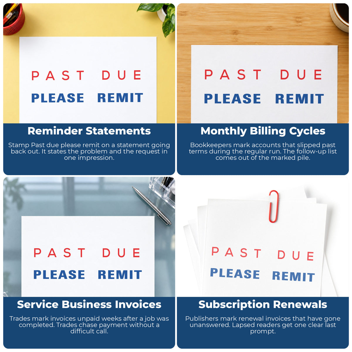 "Past due please remit" imprint applied to paperwork, rectangle impression at Approximately 1/2 in tall x 1-5/8 in wide