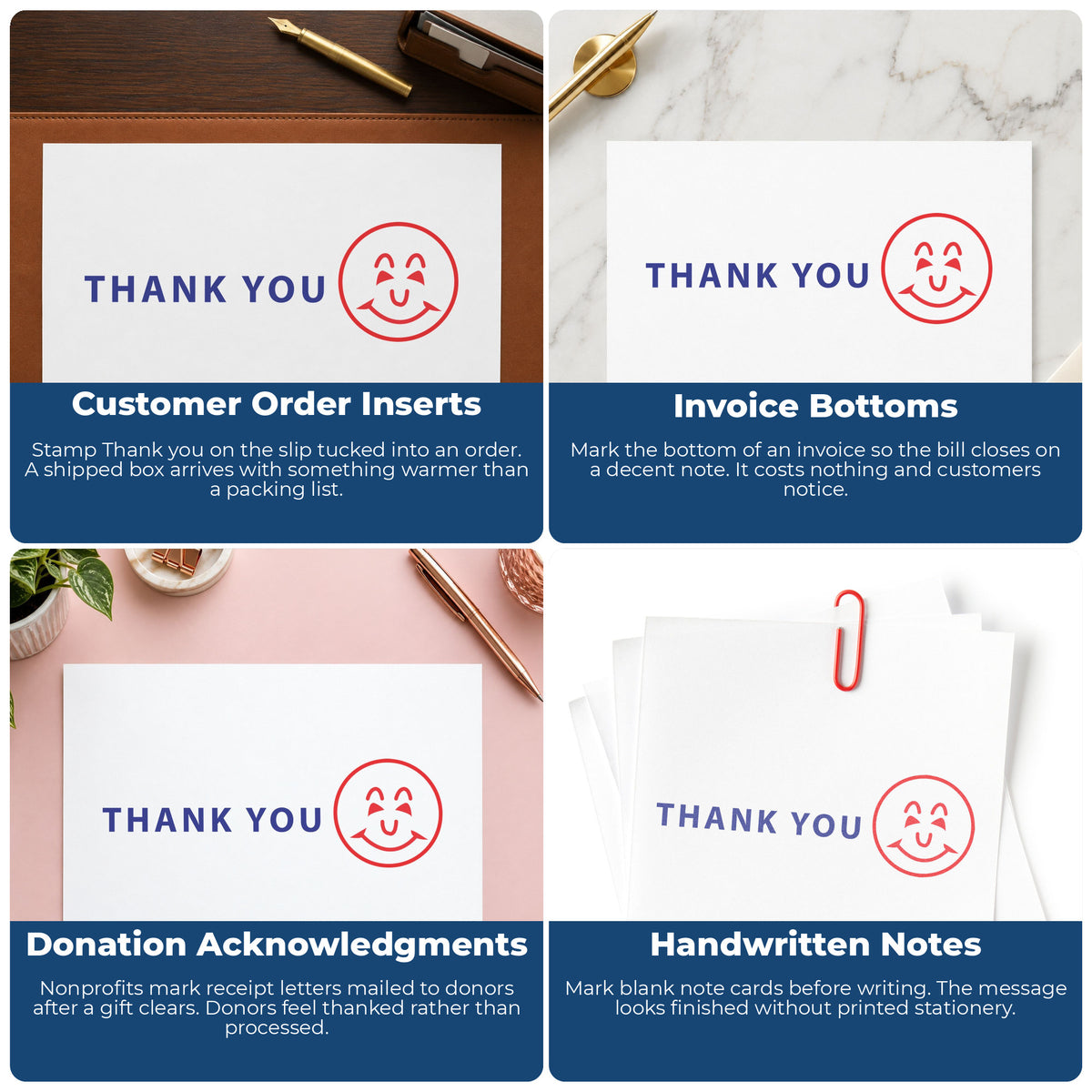 "Thank you" imprint applied to paperwork, rectangle impression at 1/2 x 1-5/8 in