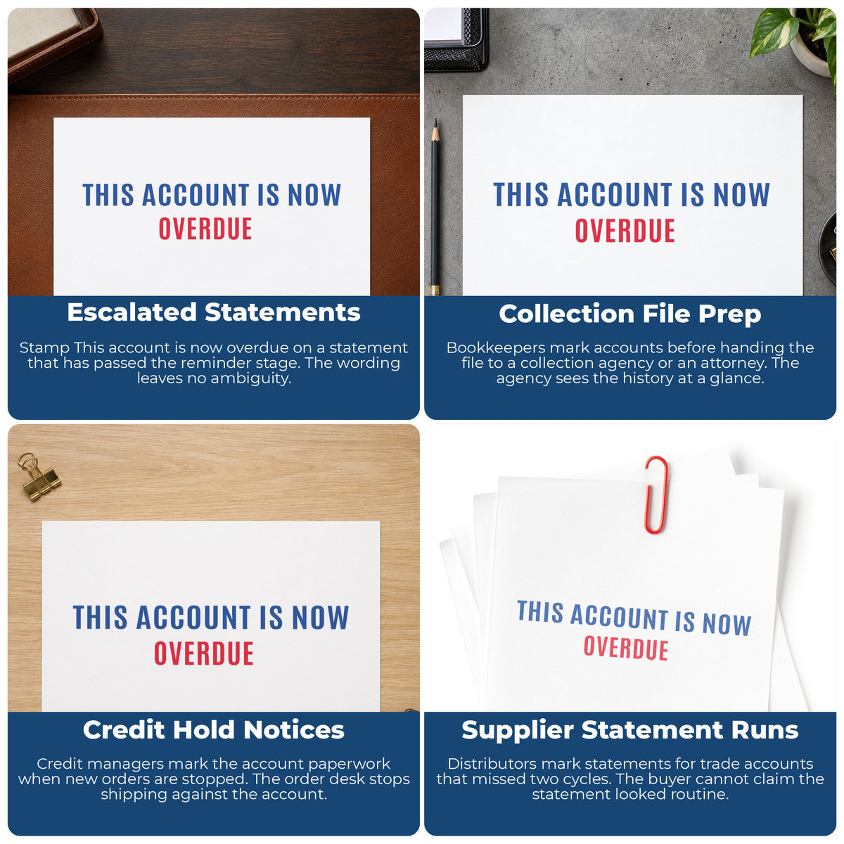 "This account is now overdue" imprint applied to paperwork, rectangle impression at Approximately 1/2 in tall x 1-5/8 in wide