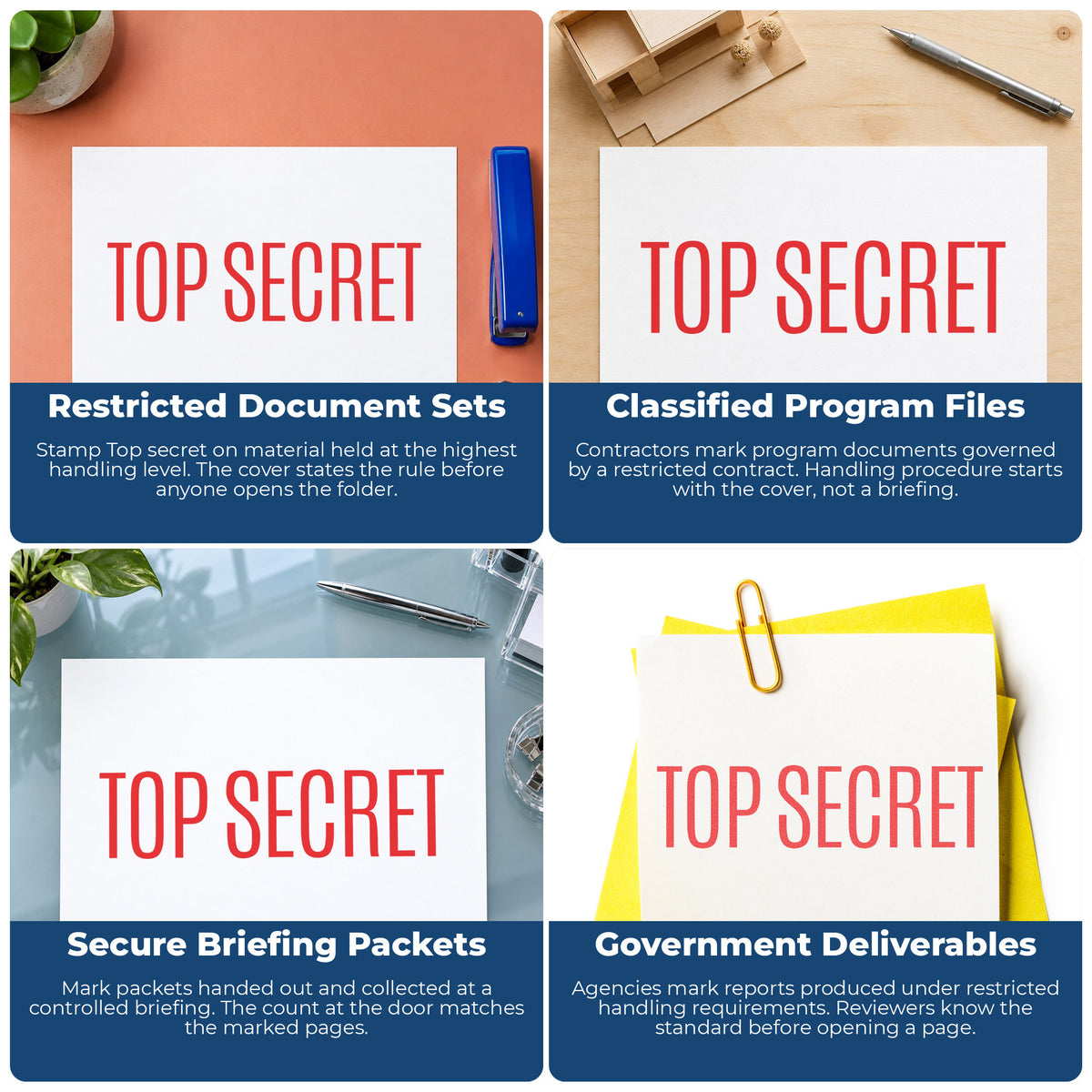 "Top secret" imprint applied to paperwork, rectangle impression at Approximately 1/2 in tall x 1-5/8 in wide