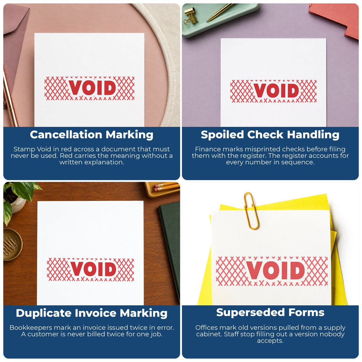 "Void" imprint applied to paperwork, rectangle impression at 1/2 x 1-5/8 in