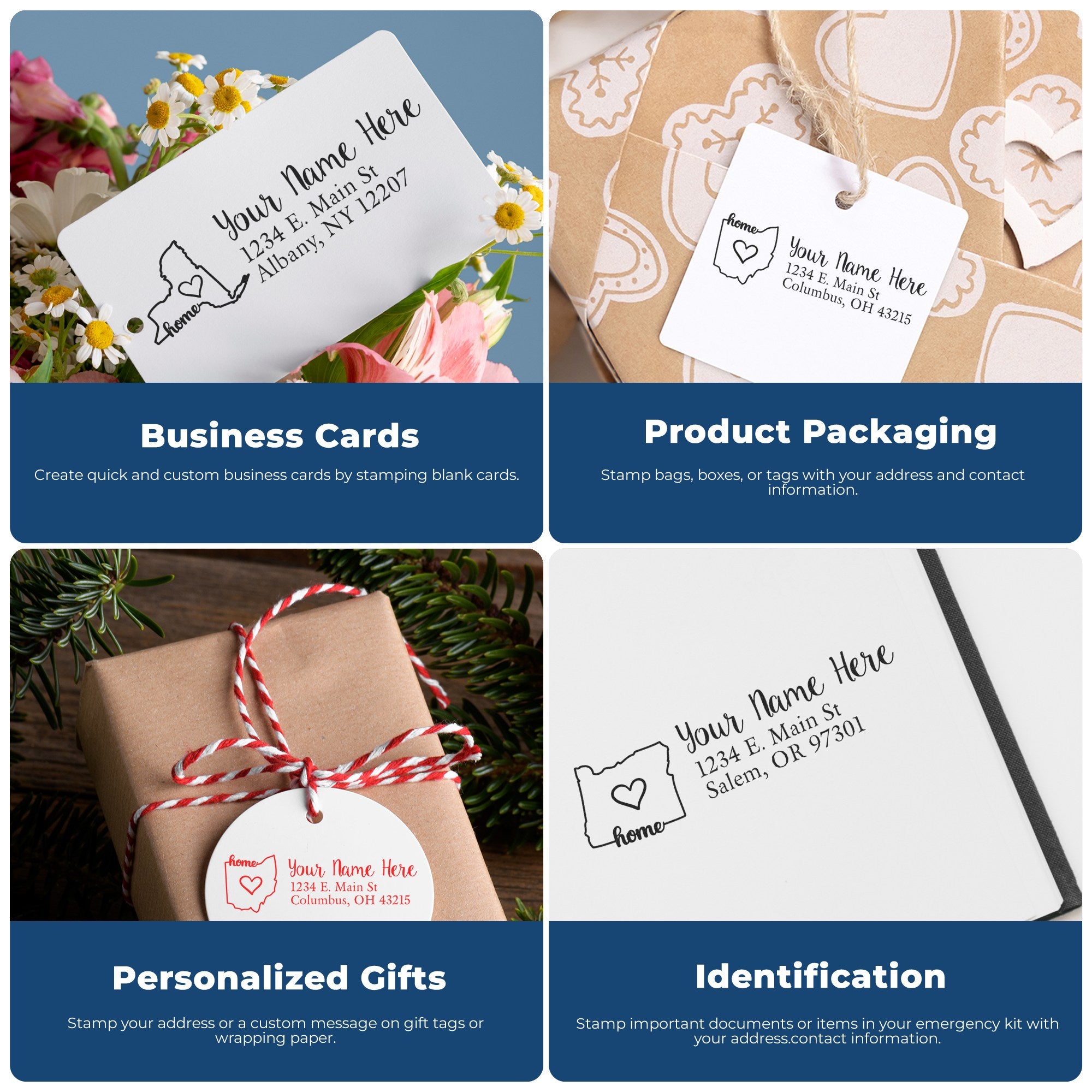 Four images show the Wood Handle Minnesota Custom Address Rubber Stamp used on business cards, product packaging, personalized gifts, and identification tags, highlighting its versatility and custom design.