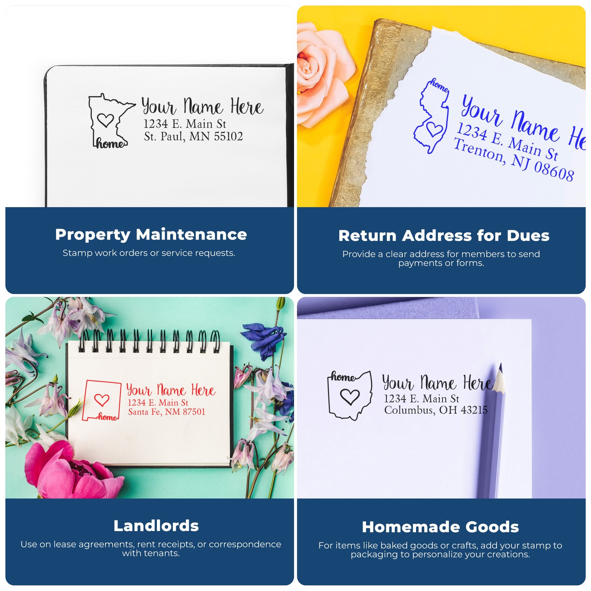 Slim Pre-Inked Pennsylvania State Love Custom Address Stamp shown in use for property maintenance, return address for dues, landlords, and homemade goods. Features customizable address and state outline.