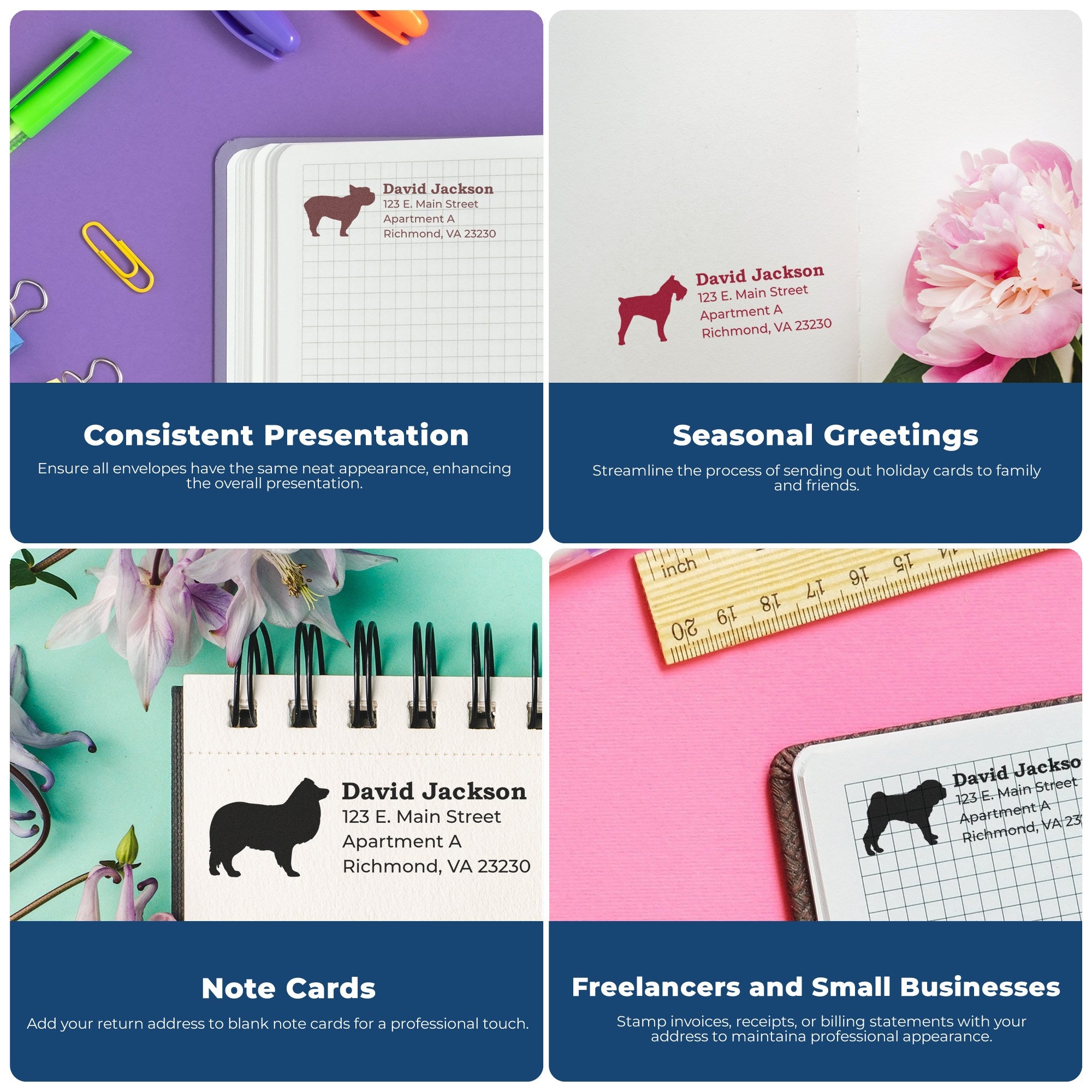 Four images show the Basset Hound Silhouette Address Rubber Stamp used on various stationery, including envelopes, note cards, and invoices, highlighting its versatility for personal and business use.