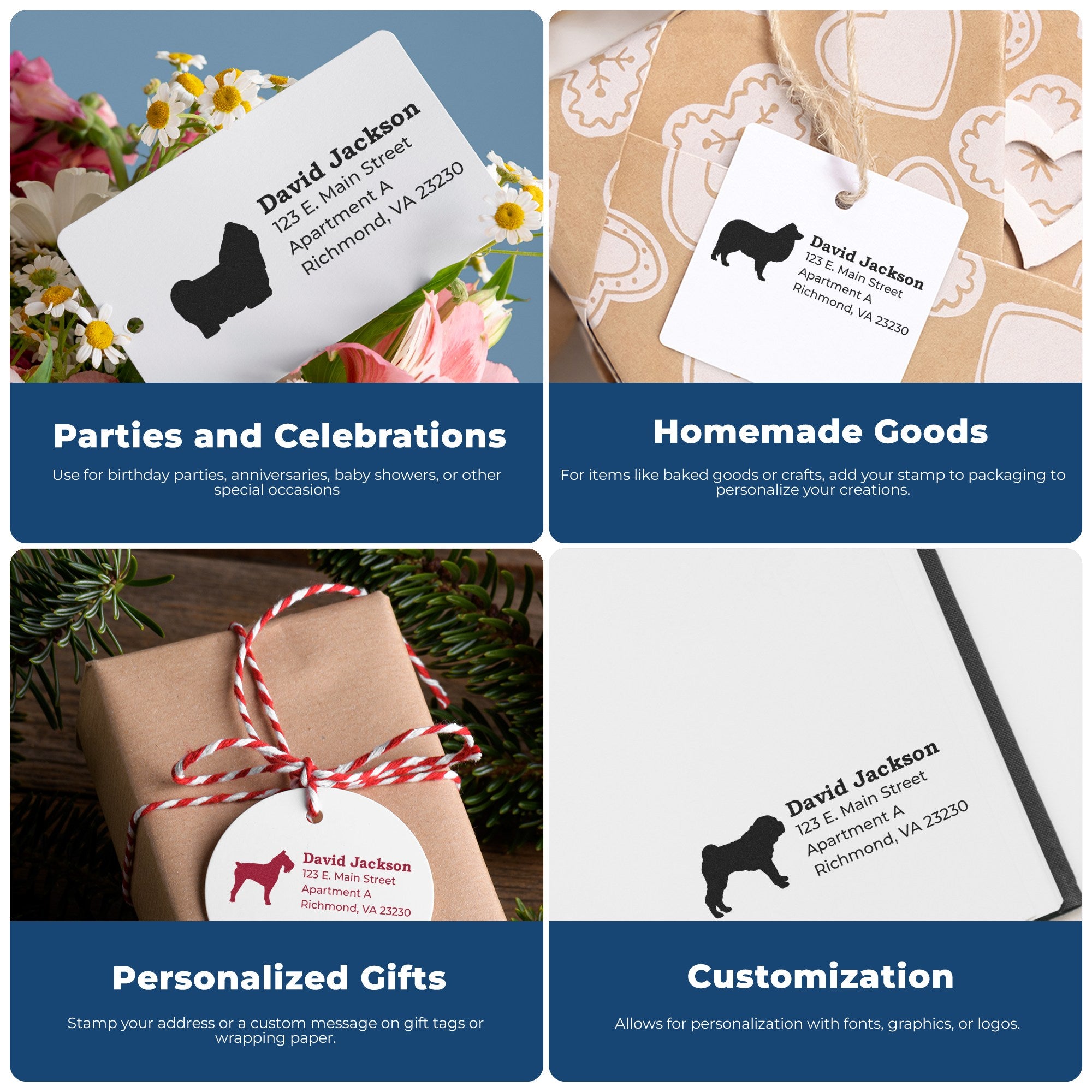 Four images show the Doberman Silhouette Address Rubber Stamp used on various items: a party invitation, homemade goods tag, personalized gift wrap, and a customizable envelope.