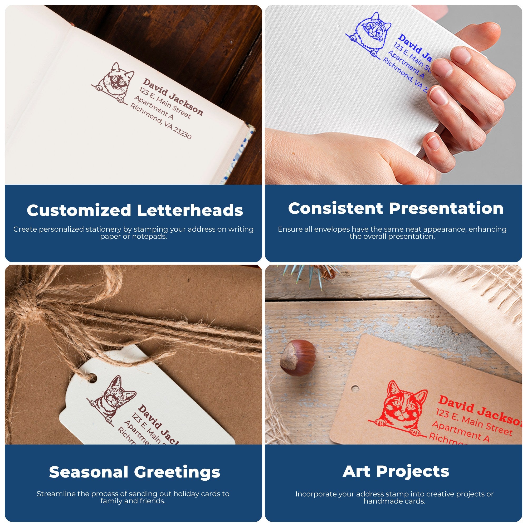 Infographic showcasing the Slim Pre-Inked California Spangled Peeking Cat Return Address Stamp used on envelopes, tags, and cards, highlighting its versatility for letterheads, presentations, greetings, and art projects.