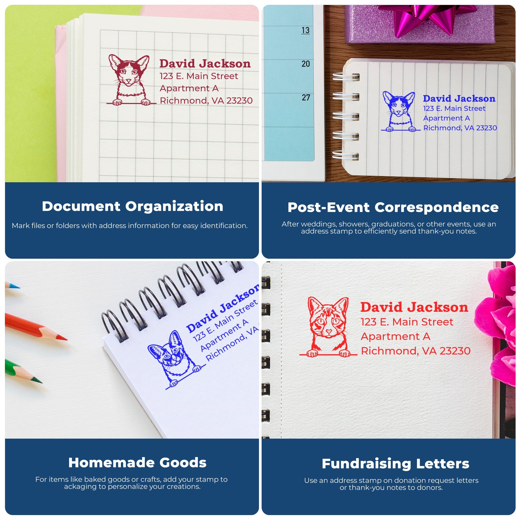 Infographic showing the PSI Pre-Inked Peeking Dwelf Cat Personalized Address Stamp used on various stationery items for document organization, post-event correspondence, homemade goods, and fundraising letters.