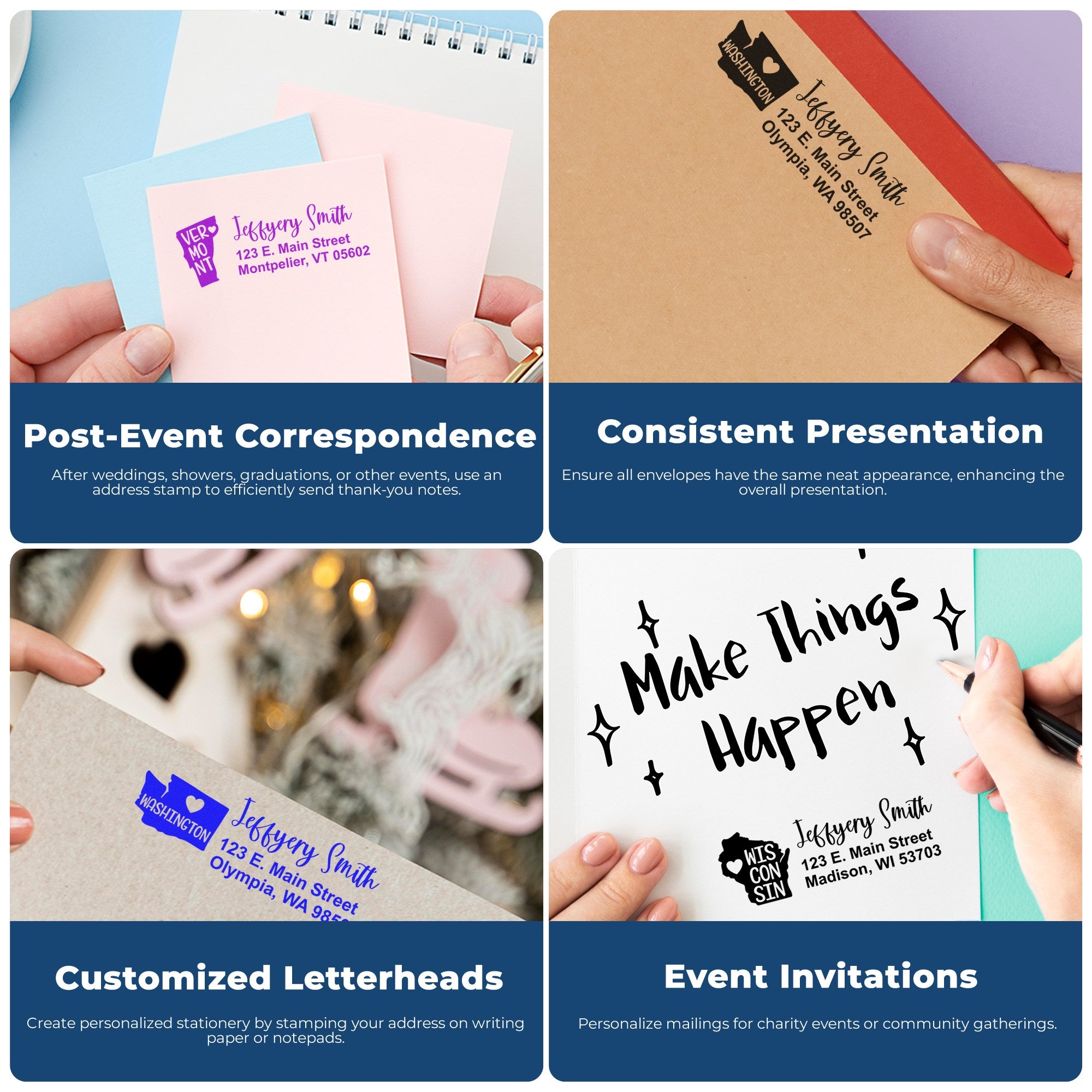 Image showing the Slim New Hampshire Custom Address Stamp for Envelopes used on various stationery, highlighting its application for post-event correspondence, consistent presentation, and event invitations.